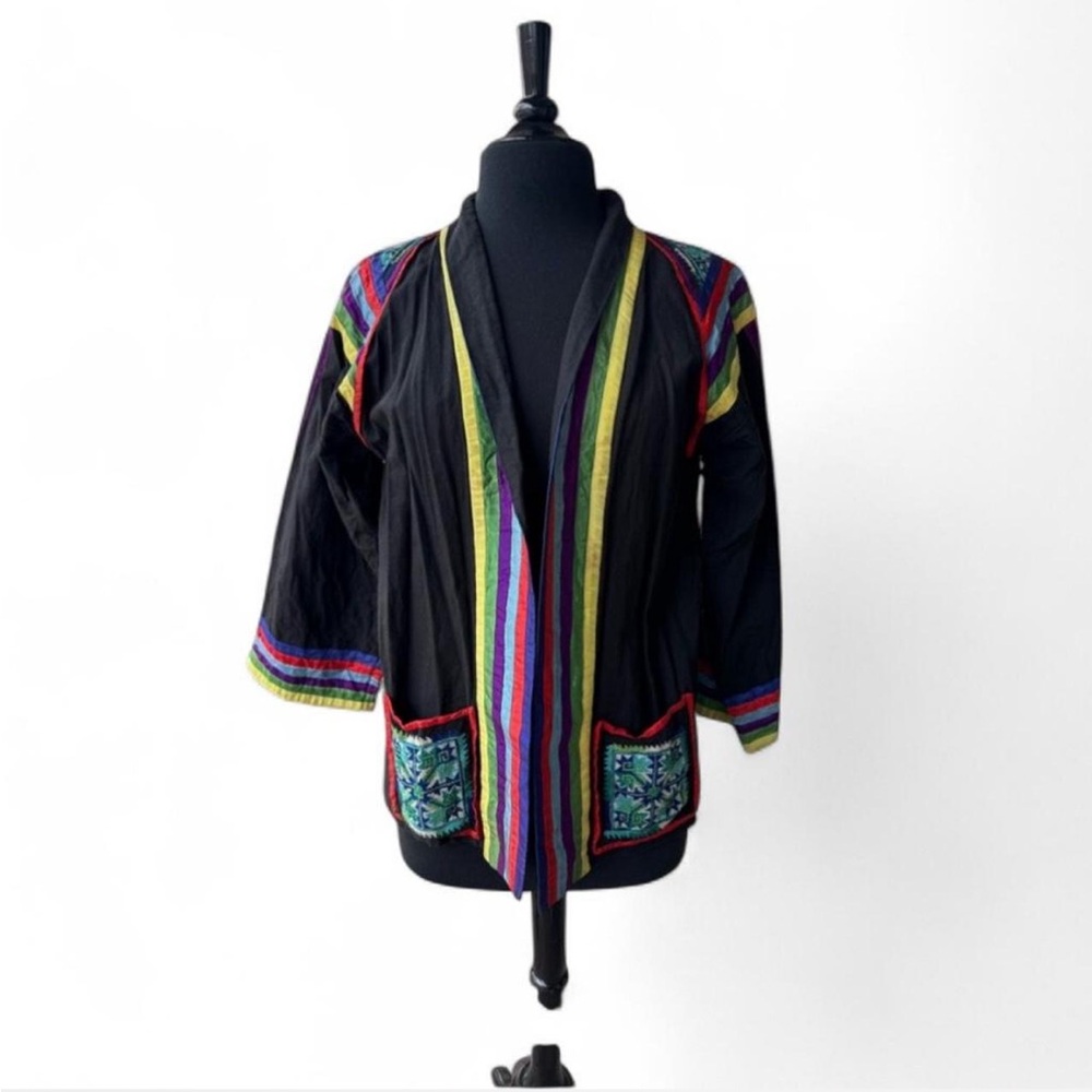 Vintage Colorful Ribbon Striped Jacket with Hand Made Cross Stitch Pockets #boho